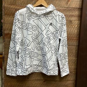 Adidas Youth All Over Logo Branded Pullover Hoodie White Large (14/16) NWOT